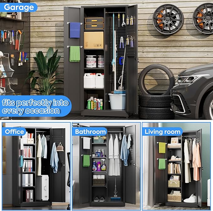 61.61" H Metal Broom Closet Storage Cabinets with Pegboards and Hooks,Utility Closet Storage Cabinet with Hanging Rod and Adjustable Shelves for Garage,Laundry Room,Utility Room,Warehouse