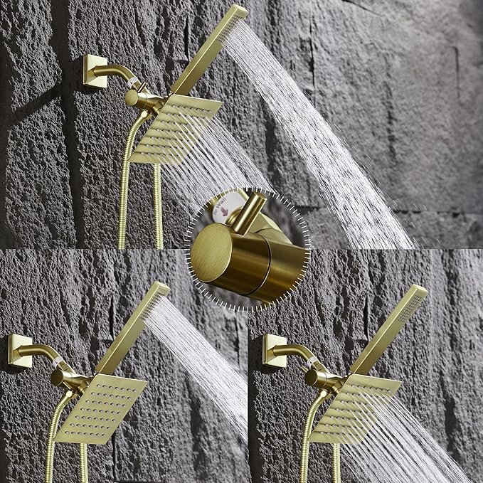 Brushed Gold Shower Fixtures, Shower Faucet Set Dual Shower Heads with Handheld Spray Combo, All Metal 6" Dual Shower Head Combo and 3-Way Diverter, Gold Shower Faucet Set with Valve