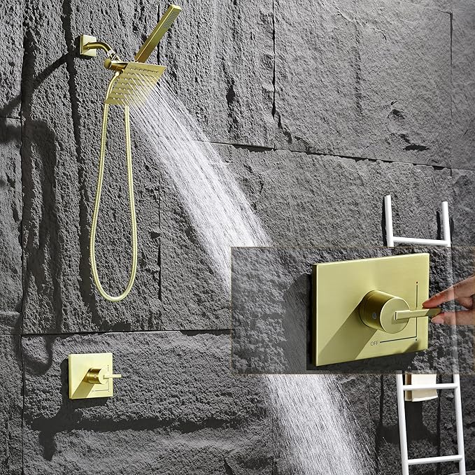 Brushed Gold Shower Fixtures, Shower Faucet Set Dual Shower Heads with Handheld Spray Combo, All Metal 6" Dual Shower Head Combo and 3-Way Diverter, Gold Shower Faucet Set with Valve