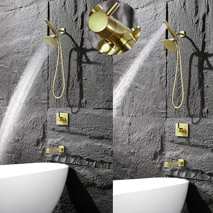 Brushed Gold Shower Fixture, Gold Shower Faucet Set Shower Heads with Handheld Spray Combo and Tub Spout, All Metal Shower Head Combo and 3-Way Diverter,Gold Shower Head and Handle Set