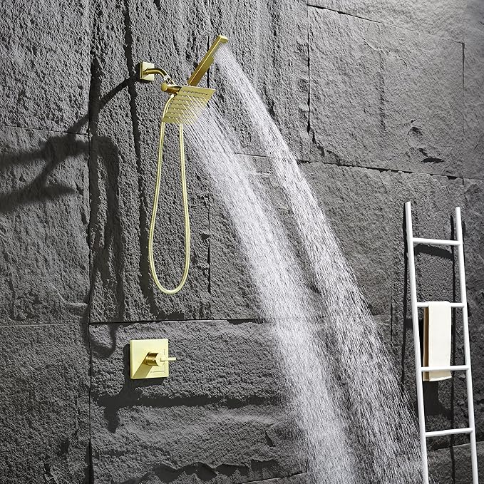 Brushed Gold Shower Fixtures, Shower Faucet Set Dual Shower Heads with Handheld Spray Combo, All Metal 6" Dual Shower Head Combo and 3-Way Diverter, Gold Shower Faucet Set with Valve