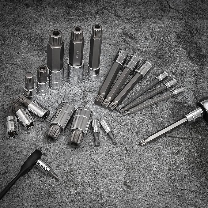 NEIKO 10057A XZN Triple Square Bit Set, 20-Piece, Extra Long 4" Spline Socket, 4mm to 18mm, 12 Point Tamperproof, Square Drive, S2 & Cr-V Steel