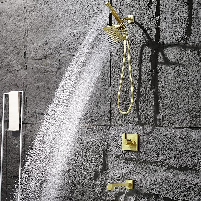 Brushed Gold Shower Fixture, Gold Shower Faucet Set Shower Heads with Handheld Spray Combo and Tub Spout, All Metal Shower Head Combo and 3-Way Diverter,Gold Shower Head and Handle Set