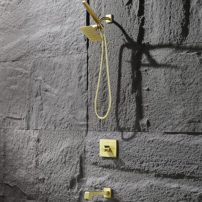 Brushed Gold Shower Fixture, Gold Shower Faucet Set Shower Heads with Handheld Spray Combo and Tub Spout, All Metal Shower Head Combo and 3-Way Diverter,Gold Shower Head and Handle Set