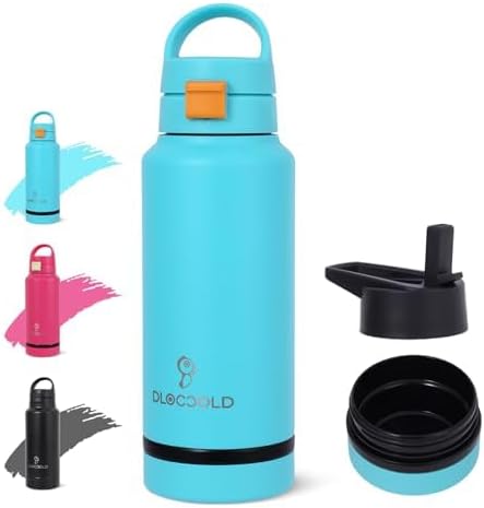 DLOCCOLD 32 oz sports water bottle Insulated Stainless Steel Water Bottle with straw & pills holder, Reusable Double Walled Water Bottle for Sports, Gym, Travel, Men, Women & Kids W/ 3 Leak Proof Lids