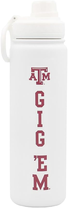 Texas A&M Gig Em Water Bottle - White Double Walled Stainless Steel 24 oz Keeps Drinks Cold or Hot