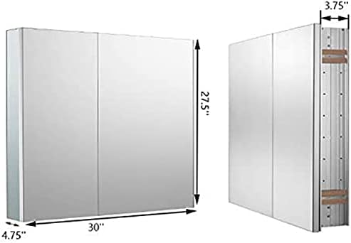 Sunrosa Aluminum Bathroom Medicine Cabinet with Mirror Door, 30"×27.5" Bathroom Mirror Cabinet,Wall-mountable and Recessed-in Mirror Cabinet, 2 Door Medicine Cabinet Organizer with Mirror