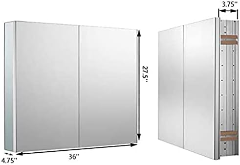 Sunrosa Aluminum Bathroom Medicine Cabinet with Mirror Door, 36"×27.5" Bathroom Mirror Cabinet,Wall-mountable and Recessed-in Mirror Cabinet, 2 Door Medicine Cabinet Organizer with Mirror