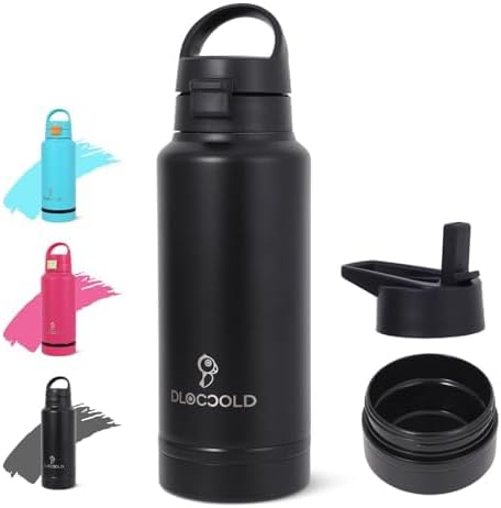 DLOCCOLD 32 oz sports water bottle Insulated Stainless Steel Water Bottle with straw & pills holder, Reusable Double Walled Water Bottle for Sports, Gym, Travel, Men, Women & Kids W/ 4 Leak Proof Lids