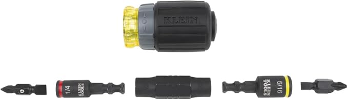 Klein Tools 32561HDRT KNECT 7-in-1 Ratcheting Screwdriver, Impact Rated, Stubby with Phillips, Slotted Bits, 3 Nut Drivers, Adapter, 7-Piece