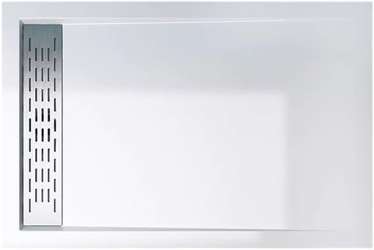 60"×32" "×4" Shower Pan with left Drain Right 24" Trench Drain, Ultra-Low Profile Design,Reinforced Polymer Base, Includes Stainless Steel Chrome Trench Cover