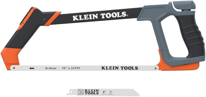 Klein Tools 31430 High Tension Hacksaw with Heavy Duty Frame, Converts to Jab Saw, Includes 12-Inch x 24 TPI and 6-Inch x 24 TPI Bi-Metal Blades, In-Frame Storage for Extra Blades