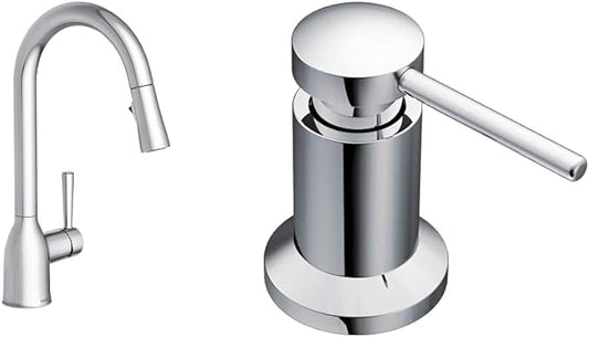 Moen 87233 Adler Chrome One-Handle High Arc Kitchen Sink Faucet Bundle with Moen 3942 Chrome Deck Mounted Kitchen Soap Dispenser with Above The Sink Refillable Bottle