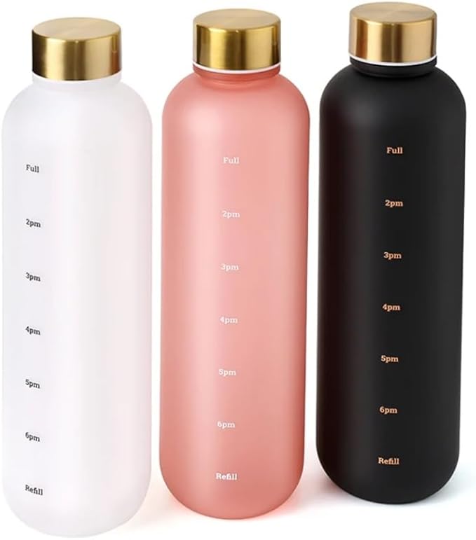 Fitness Sport Water Bottle with Carrying Strap 1000 ml / 32 oz With Time Marker Cute Motivational Water Bottles for Hiking,Travel, Sports, Home, School,Gym,Yoga,Office-Multicolor (Black)