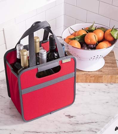 meori Foldable 6 Bottle Wine Tote Azure Blue Organize Crate Glass Dividers Stylish Travel Storage Box Liquor Spirits Tastings Grocery Shopping Hostess Gift (B100600)