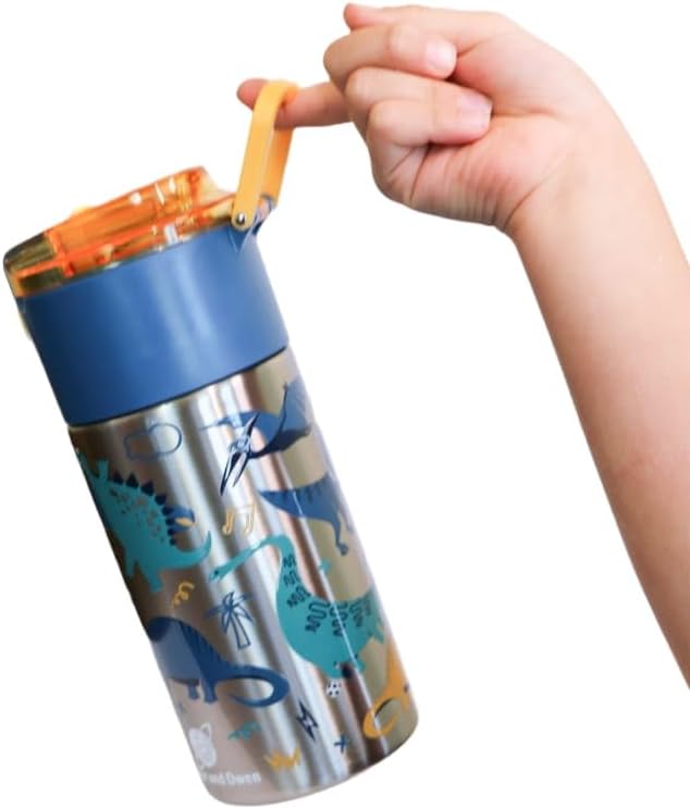 Kids insulated water bottle with straw and snack cup. Double wall stainless steel 14oz (teal and dark yellow dinosaur)
