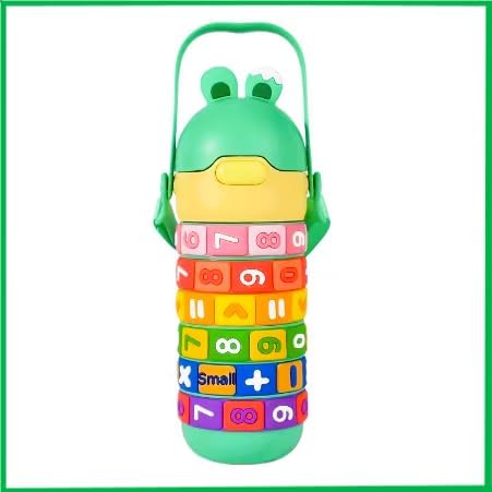 Numbers and Maths Symbols Design Kids' Water Bottle with Straw for School or Travel; 15oz (430ml) Stainless Steel Vacuum Insulated; Portable Handle with Detachable Buckle (Green), CZMX-30031