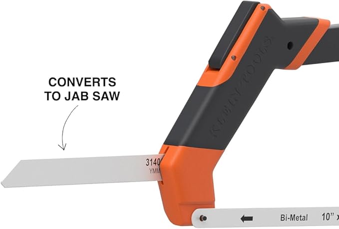Klein Tools 31430 High Tension Hacksaw with Heavy Duty Frame, Converts to Jab Saw, Includes 12-Inch x 24 TPI and 6-Inch x 24 TPI Bi-Metal Blades, In-Frame Storage for Extra Blades