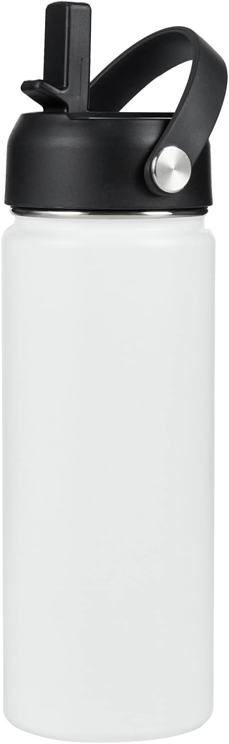 Stainless Steel Water bottle with Straw & Wide Mouth Lid, Wide Rotating Handle, 18oz Double Wall Vacuum Insulated Water Bottle Leak Proof, BPA Free, Keep Cold and Hot, 18oz, White