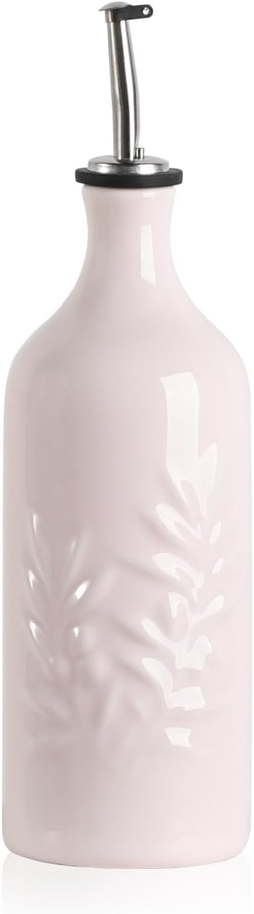 Sweejar Ceramic Olive Oil Dispenser Bottle, 20 Oz Relief Opaque Oil Cruet Protects To Reduce Oxidation, Suitable for Storage Vinegar, Soy Sauce,Liquids,Set of 1 (Rose Pink)