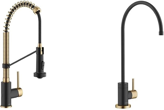 KRAUS Bolden Touchless Sensor Pull-Down Kitchen Faucet Bundle with PuritaTM Single Handle Drinking Water Filter Faucet, Brushed Brass/Matte Black