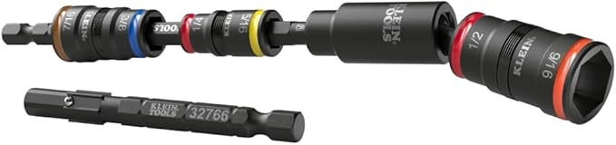 Klein Tools 32984 Impact Flip Socket Set with Swivel Adapter, 6-Piece, 25-Degree Swivel Head, SAE Hex Sizes, Nut Driving, Impact-Rated
