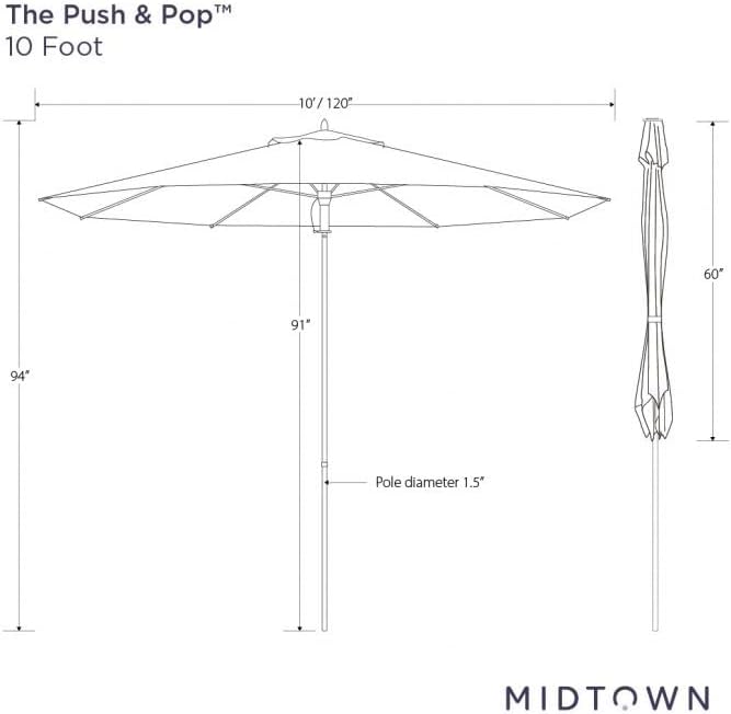 Midtown Umbrellas Push and Pop 10 Feet Outdoor Umbrella, Black/White Stripes Polyester Fabric - Fiberglass Ribs Deck Patio Umbrella, Backyard Umbrella, Garden Umbrella & Pool Umbrella - Black Pole