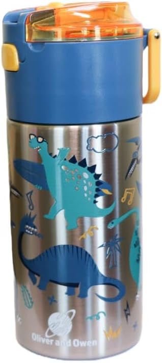 Kids insulated water bottle with straw and snack cup. Double wall stainless steel 14oz (teal and dark yellow dinosaur)