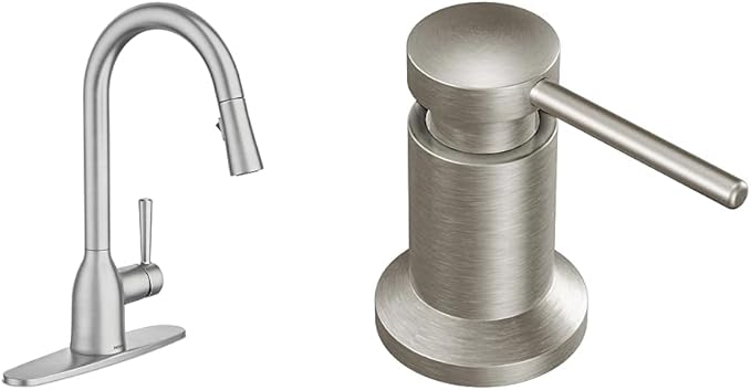 Moen Adler Spot Resist Stainless One-Handle High Arc Kitchen Sink Faucet with Power Clean Pull Down Sprayer, 87233SRS + Deck Mounted Kitchen Lotion or Soap Dispenser with Refillable Bottle, 3942SRS