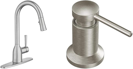 Moen Adler Spot Resist Stainless One-Handle High Arc Kitchen Sink Faucet with Power Clean Pull Down Sprayer, 87233SRS + Deck Mounted Kitchen Lotion or Soap Dispenser with Refillable Bottle, 3942SRS