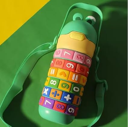 Numbers and Maths Symbols Design Kids' Water Bottle with Straw for School or Travel; 15oz (430ml) Stainless Steel Vacuum Insulated; Portable Handle with Detachable Buckle (Green), CZMX-30031