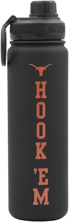 Texas Hook Em Water Bottle - Black Double Walled Stainless Steel 24 oz Keeps Drinks Cold or Hot