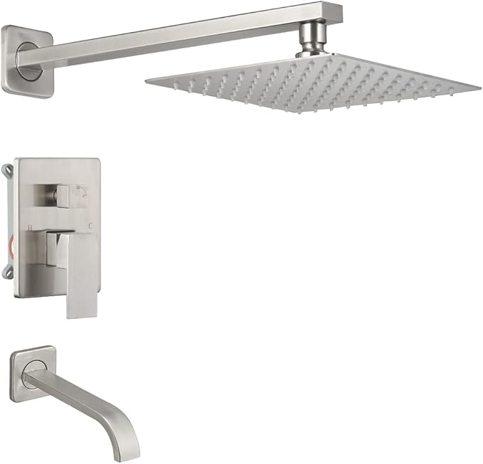 Brushed Nickel Shower Faucet Set with Tub Spout Bathroom Luxury Rain Mixer Shower Head System Wall Mounted Shower Faucet Complete, Single Handle Tub and Shower Trim Kit with Rough-in Valve