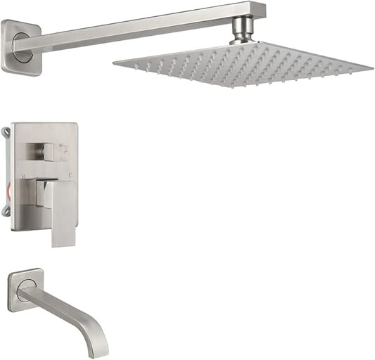 Brushed Nickel Shower Faucet Set with Tub Spout Bathroom Luxury Rain Mixer Shower Head System Wall Mounted Shower Faucet Complete, Single Handle Tub and Shower Trim Kit with Rough-in Valve