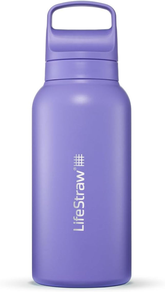 LifeStraw Go Series – Insulated Stainless Steel Water Filter Bottle for Travel and Everyday Use, 1L Thistle Purple