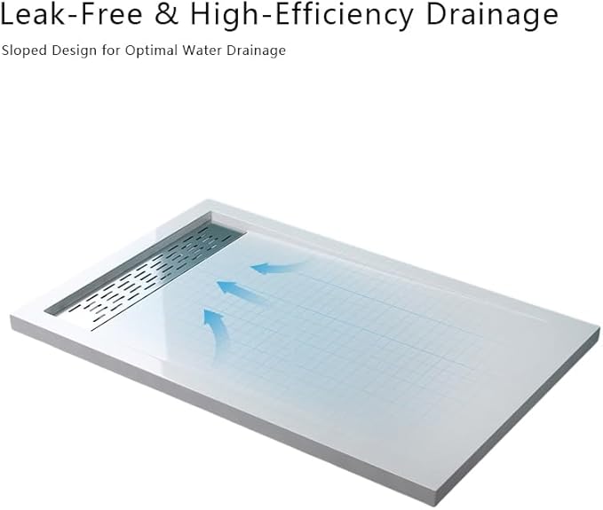 60"×32" "×4" Shower Pan with left Drain Right 24" Trench Drain, Ultra-Low Profile Design,Reinforced Polymer Base, Includes Stainless Steel Chrome Trench Cover