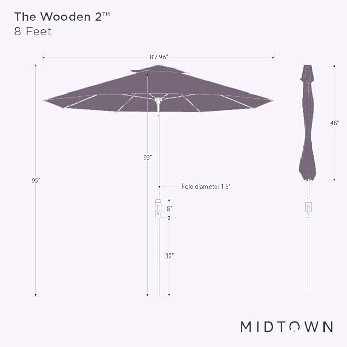 Midtown Umbrellas Sunbrella Umbrella Outdoor Patio Umbrella 2-8 Feet in Sunbrella Capri Acrylic Fabric - Auto-Tilt Aluminum Frame For Backyard Umbrella, Deck Umbrella & Porch Umbrella - Wooden Pole