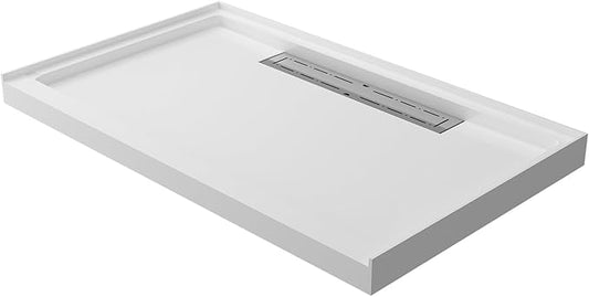 Acrylic Shower Base with Left or Right Drain, Single Threshold, Rectangular Shower Pan, Slip-Resistant Textured Surface,Includes Stainless Steel Chrome Trench Cover (white, 60"×36"×4")