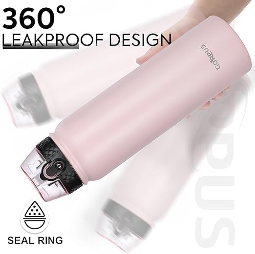GOPPUS 32 oz Sports Water Bottle 1 Liter Double Wall Insulated Stainless Steel Water Bottles with Straw Lid Reusable Leak proof Metal water bottles with Strap Handle(Pink 1 lid)