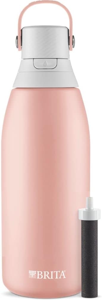 Brita Stainless Steel Premium Filtering Water Bottle, BPA-Free, Reusable, Insulated, Replaces 300 Plastic Water Bottles, Filter Lasts 2 Months or 40 Gallons, Includes 1 Filter, Rose - 32 oz.