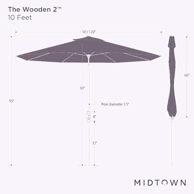 Midtown Umbrellas Sunbrella Umbrella Large Patio Umbrella 2-10 Feet Heather Tan Fabric, Auto-Tilt Aluminum Frame Backyard Umbrella, Deck Umbrella, Garden Umbrella & Porch Umbrella - Wooden Pole
