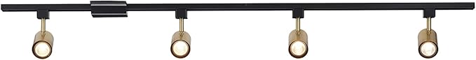Globe Electric Tribeca 56 Inch Matte Black 4-Light Adjustable Track Ceiling Lighting Kit Fixture with Brass Cylindrical Track Heads, Ideal for Kitchen Island, Compatible with LED Bulbs, 64000009