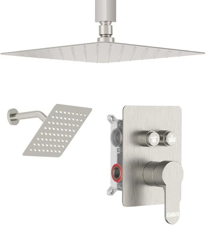 Shower Faucets Sets Shower System Brushed Nickel, STARBATH 10" Ceiling Mount Rain Showerhead and 6" Wall Mounted Rainfall Shower for Couples, On Off Button Valve Dual Head Shower Systems Complete