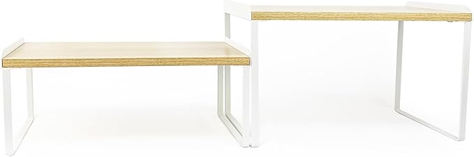 Mitus Shelf Organizer and Storage, Stackable Tiered Wood Cabinet Rack for Countertops, Desktops, Cabinets (Set of 2) 16" Wide Natural Oak and White