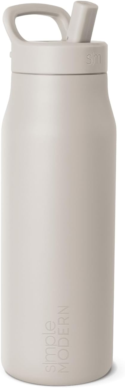 Simple Modern Water Bottle with Push Button Straw Lid | Ceramic-Lined Insulated Stainless Steel | Travel Water Bottles for Gym & Sports | Leak Proof | Mesa Signature Collection | 34oz, Almond Birch