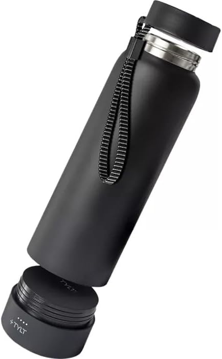 TYLT Power Bottle 2.0, All-In-One 24 oz Stainless Steel Wide Mouth Water Bottle & Removable 5700 MAH Portable Power Bank, Dishwasher Safe, Cup Holder Compatible, Lanyard Handle, Black