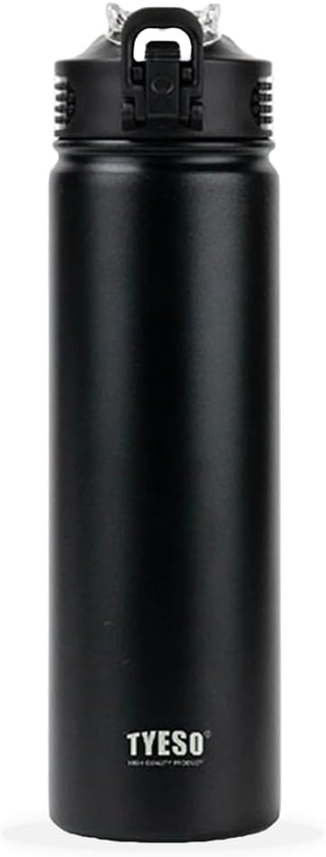 TYESO Water Bottle with Carrying Handle Lid | Insulated Stainless Steel Thermos | Travel Water Bottles for Gym & Sports | Leak Proof & BPA Free | All Day Collection | 25oz (Black)