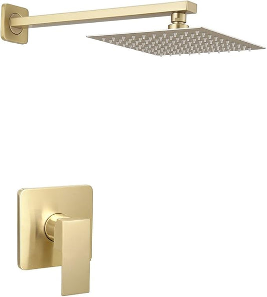 Brushed Gold Shower Faucet Set, Single Function Shower Trim Kit with Rough-in Valve, Square Rain Shower Head System Included Extra Long Shower Arm for Bathroom