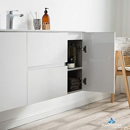 Blossom Single Bathroom Vanity with Ceramic Sink and Mirror | All Wood Floating Vanity Cabinet | 2 Doors and Soft-Closing U-Shaped Cutout Drawers| 48" w/Ceramic Sink and Mirror, Glossy White