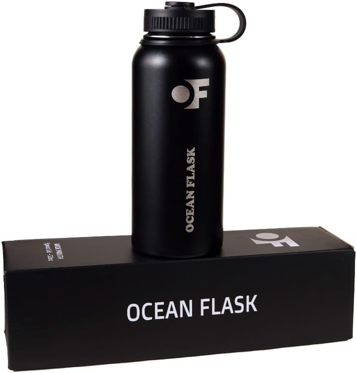 Sports Water Bottle - 32 Oz 3 Lids Straw Lid Leak Proof (Straw, Spout and Handle Lid)- Stainless Steel Sport and Gym, Travel Bottles for Men, Women -Insulated Thermos (Midnight Black)